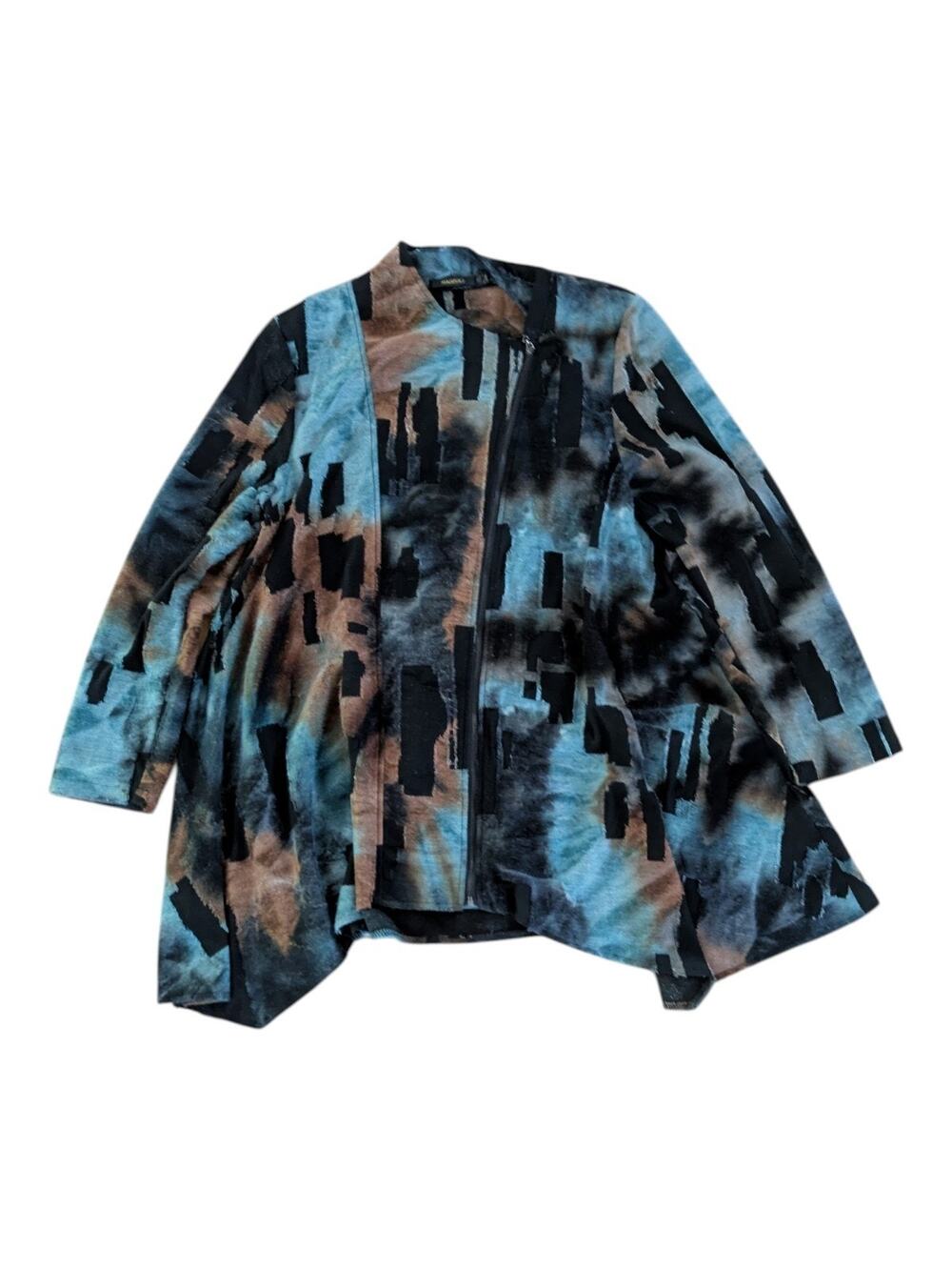 Radzoli Womens Large Blue Black Print Jacket Open Front Career Art To Wear